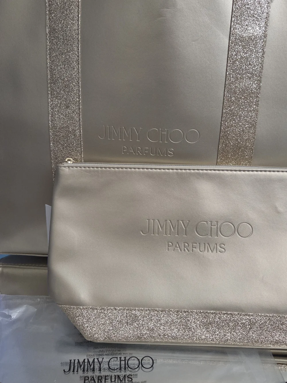 NWT Jimmy Choo Metallic Gold Tote with Glitter Strap and matching  Pouch